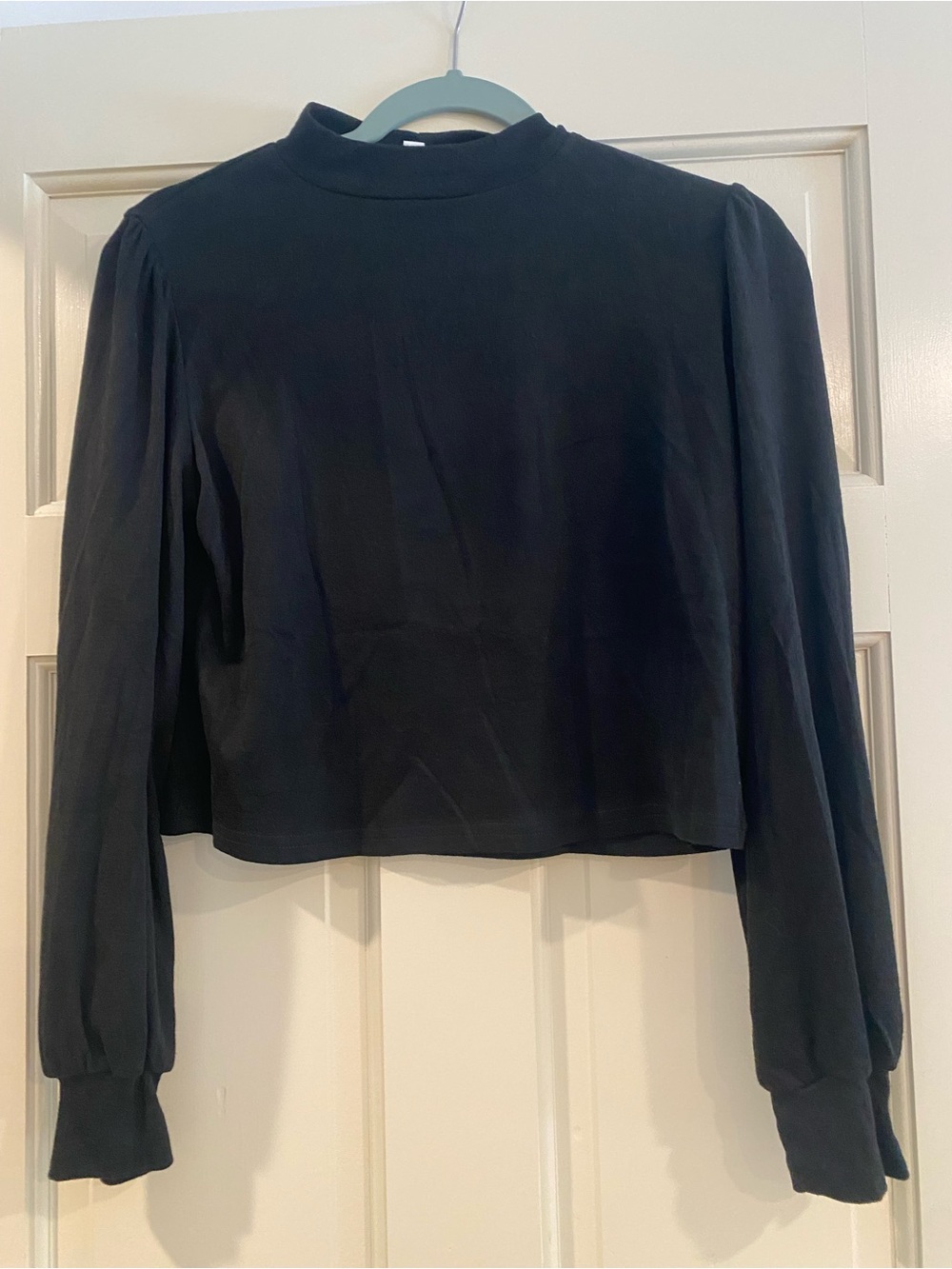 glam Black Long Sleeve Mock Neck Top with Puff Shoulders